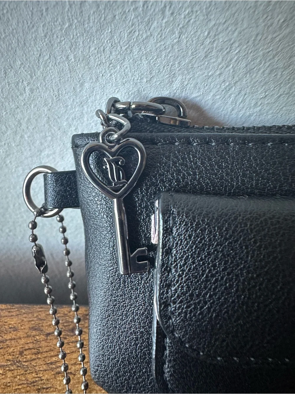 Juicy Couture Black Zip Card Wallet Keychain Bag Charm w/ Sequin Heart NWOT